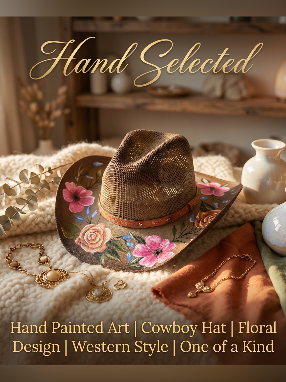 Hand made and hand painted by female artist cowboy hat.
